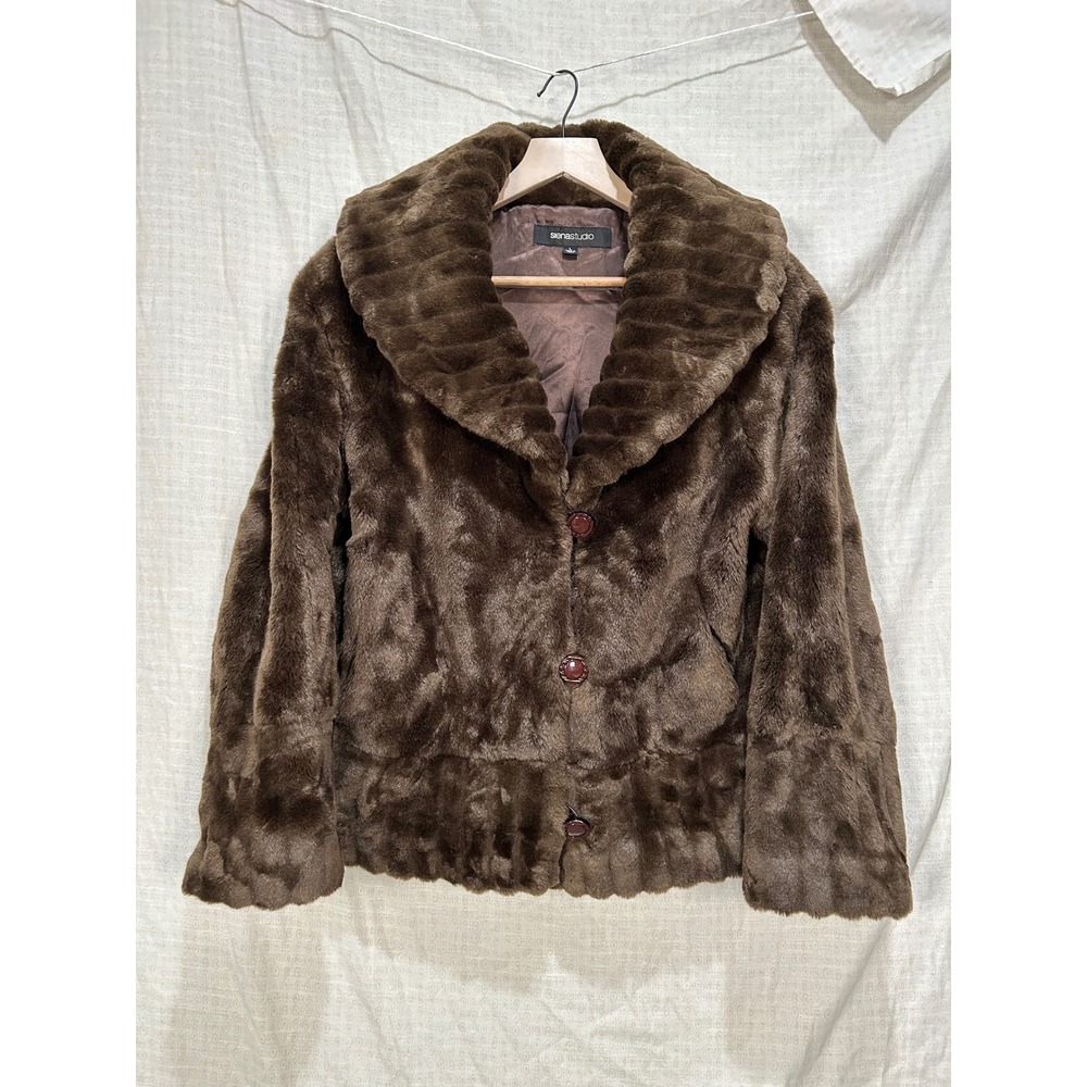 Siena Studio Brown Faux Fur Shawl Collar Button Front Jacket Womens Large #2171